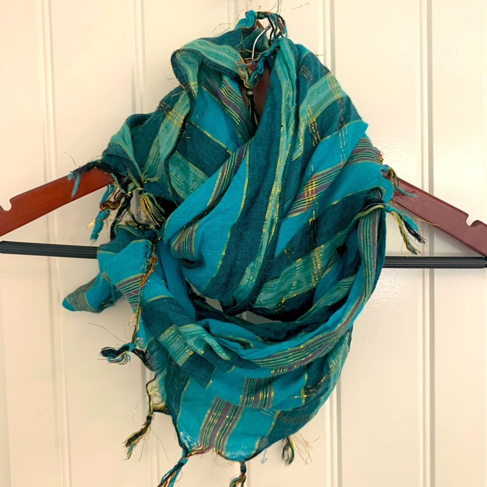 Cute Boho Turquoise & Metallic Striped Scarf- One Size - Picture 3 of 4
